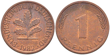 ФРГ 1 ПФЕННИГ 1982 J KM 105, J. 380 сталь плакированная медью 116-359