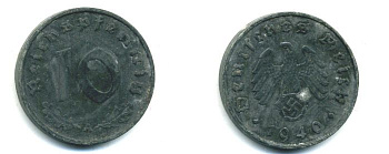 ГЕРМАНИЯ 10 РЕЙХСПФЕННИГОВ 1940 A, KM 101, J. 371 цинк 62-2531