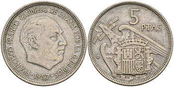 Испания 5 песет 1957 (59) Франсиско Франко (1939 - 1975) KM 786 медно-никель 4155-526