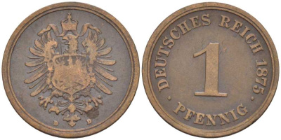 ГЕРМАНИЯ 1 ПФЕННИГ 1875 D, СТАРОГЕРБОВКА KM 1, J. 1, Weege 1 медь 206-1035