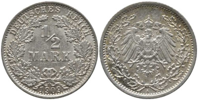 ГЕРМАНИЯ 1/2 МАРКИ 1909 A KM 17, J. 16, Weege 16 серебро 4448-825