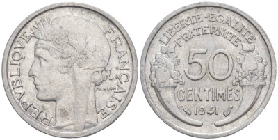ФРАНЦИЯ 50 САНТИМОВ 1941 ТИП MORLON LOURDE KM 894.1a, LE FRANC 193.2 алюминий 44-236