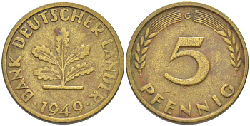 ФРГ 5 ПФЕННИГОВ 1949 G KM 102, J. 377 сталь плакированная латунью 4181-864