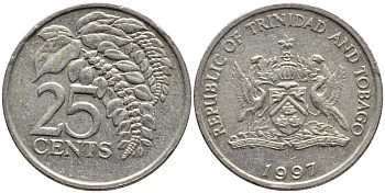 Тринидад и Тобаго 25 центов 1997 цветок дикая пуансеттия KM 32 медно-никель 4396-769