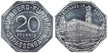 Германия, Нюрнберг - Фюрт 20 пфеннигов ND трамвайный жетон, ратуша в Фюрте алюминий UNC 4119-545