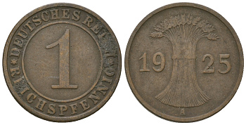 Германия 1 рейхспфенниг 1925 А KM 37, J. 313 бронза 3458-1128