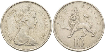 Великобритания 10 пенсов 1976 Елизавета II (1952-2022) KM 912, Spink 4231 (F1) медно-никель  215-723