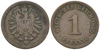 Германия 1 пфенниг 1889 A, Вильгельм II (1888-1918) KM 1, J. 1, Weege 1 медь 4615-213