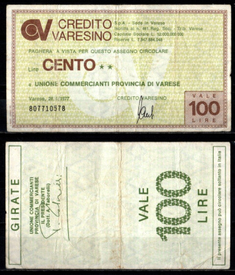 Италия 100 лир ND (1976-1978) банковский чек бумага 7375-38-3-2