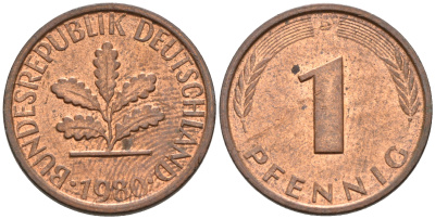 ФРГ 1 ПФЕННИГ 1980 D KM 105, J.380 сталь плакированная медью 75-426