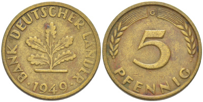 ФРГ 5 ПФЕННИГОВ 1949 G KM 102, J. 377 сталь плакированная латунью 4181-864