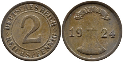 ГЕРМАНИЯ 2 РЕЙХСПФЕННИГА 1924 E KM 38, J. 314 бронза 4387-1141