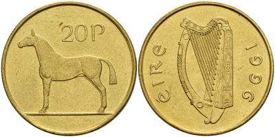 Ирландия 20 пенсов 1996 лошадь KM 25 никель бронза 4140-343