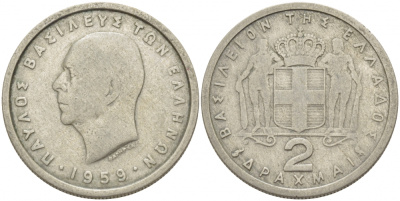 Греция 2 драхмы 1959 Павел I (1947-1964) KM 82 медно-никель 212-1244