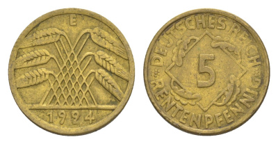 Германия 5 рентенпфеннигов 1924 E KM 32, J. 308 алюминиевая бронза 4644-1131