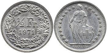 Швейцария 1/2 франка 1971 KM 23а.1 медно-никель 4392-138