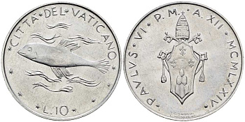ВАТИКАН 10 ЛИР 1974 ГОД XII, ПАВЕЛ VI (1963-1978), РЫБА KM 119 алюминий 4519-227