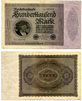 Германия 100000 марок 1923 1 Февраля 1923, выпуск (март 1923-5 Июля 1925), номер шестизначный, серия 6A 032958 Pick 83, Розенберг 82d бумага 8564-33-1-2