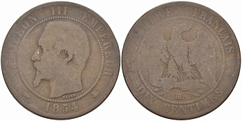 ФРАНЦИЯ 10 САНТИМОВ 1854 BB, НАПОЛЕОН III (1852-1870), INCLUS KM 771.3, LE FRANC 133.13 бронза 38-1022