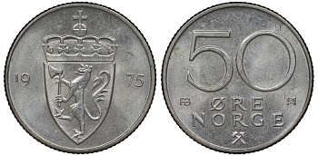 Норвегия 50 эре 1975 Улаф V (1957-1991) KM 418 медно-никель 4128-1141