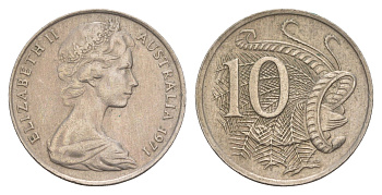 Австралия 10 центов 1971 Елизавета II (1952-2022), птица лирахвост KM 65 медно-никель 4657-141