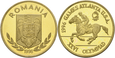 Румыния 100 леев 1996 XXVI Олимпийские игры 1996 года в Атланте, 100 лет Олимпийскому движению, скачки, пробный выпуск, пифорт KM PnB 315A1 латунь  PROOF  1525-1241
