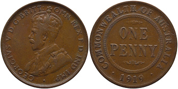 АВСТРАЛИЯ 1 ПЕННИ 1919 ГЕОРГ V KM 23 бронза 4394-122