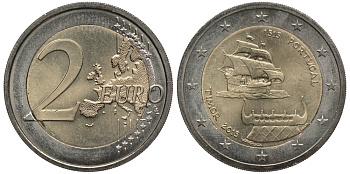 Португалия 2 евро 2015 500 лет первому контакту с Тимором, парусник KM 849 биметалл 108-824