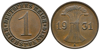 Германия 1 рейхспфенниг 1931 A KM 37, J. 313 бронза 4380-1222