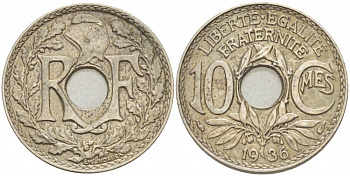 ФРАНЦИЯ 10 САНТИМОВ 1936 ТИП ЛИНДАЙЁ KM 866а медно-никель 4402-814