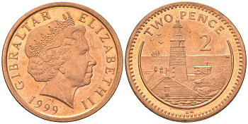 Гибралтар 2 пенса 1999 KM 774 сталь плакированная медью UNC 4619-225