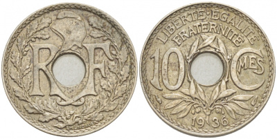 ФРАНЦИЯ 10 САНТИМОВ 1936 ТИП ЛИНДАЙЁ KM 866а медно-никель 4402-814