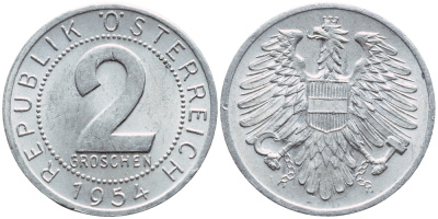 АВСТРИЯ 2 ГРОША 1954 KM 2876 алюминий 4396-1113