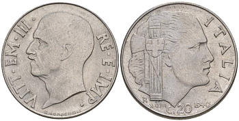 ИТАЛИЯ 20 ЧЕНТЕЗИМО 1940 R, ГОД XVIII, ВИКТОР ЭММАНУИЛ III (1900-1946), МАГНИТНАЯ, ГУРТ РИФЛЁНЫЙ KM 75b, VEM3. 1025 нержавеющая сталь 3853-517