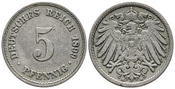 ГЕРМАНИЯ 5 ПФЕННИГОВ 1899 A KM 11, J. 12 медно-никель 39-736