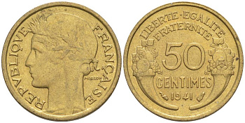 ФРАНЦИЯ 50 САНТИМОВ 1941 ТИП MORLON KM 894.1, LE FRANC 192.18 алюминиевая бронза 44-444