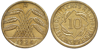 Германия 10 рейхспфеннигов 1924 A KM 40, J. 317 алюминиевая бронза 4604-654