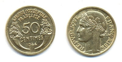 Французская Западная Африка 50 сантимов 1944 редкая KM 1, Lec 1 алюминиевая бронза aUNC 53-1127