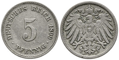 ГЕРМАНИЯ 5 ПФЕННИГОВ 1899 A KM 11, J. 12 медно-никель 39-736