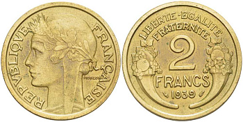 ФРАНЦИЯ 2 ФРАНКА 1939 ТИП MORLON KM 886, LE FRANC 268.12 алюминиевая бронза 180-524