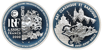 Франция 1 евро = 6,55957 франков 2000 классицизм и барокко в архитектуре (XVII- XVIII веков) в оригинальной коробке, с сертификатом KM 1226 серебро PROOF 4-3-3-17