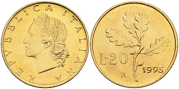 Италия 20 лир 1995 R, дубовый лист KM 97.2 алюминиевая бронза  UNC  4594-969