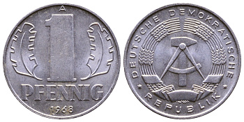 ГДР 1 ПФЕННИГ 1968 А КМ 8.1 алюминий 4110-1758