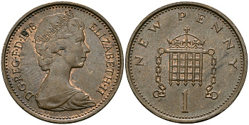 Великобритания 1 пенни 1978 Елизавета II (1952-2022) KM 915, Spink 4237 (B1) бронза 4396-1147