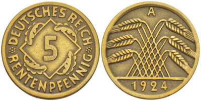 ГЕРМАНИЯ 5 РЕНТЕНПФЕННИГОВ 1924 A KM 32, J. 308, Weege 6 алюминиевая бронза 211-542