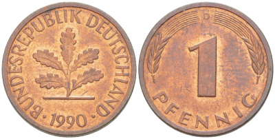 ФРГ 1 ПФЕННИГ 1990 D KM 105, J. 380 сталь плакированная медью 4181-712
