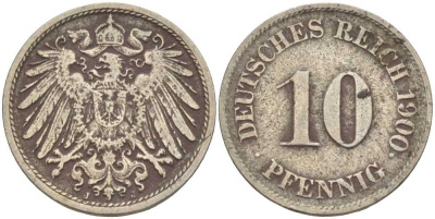 Германия 10 пфеннигов 1900 J KM 12, J. 13 медно-никель 4401-1125