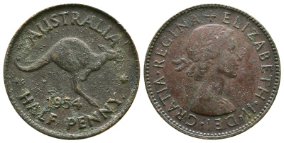 Австралия 1/2 пенни 1954 p, Елизавета II (1952-2022), кенгуру KM 49 бронза 89-1336