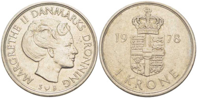 Дания 1 крона 1978 S; B, Маргрете II (1972-) KM 862.1 медно-никель 202-832