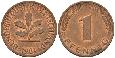 ФРГ 1 пфенниг 1981 D KM 105, J. 380 сталь плакированная медью    4598-616